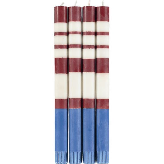 Set of 4 Striped Dinner Candles in Guardsman Red, Pearl & Royal Blue