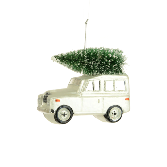 White Land Rover with Tree Decoration