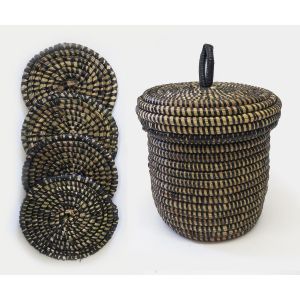 Set of 12 Woven Straw Coasters - Black